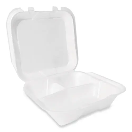 Plastifar Foam Hinged Lid Container, 3 Compartments, Secure Two-Tab Latch, White, 9" x 9" x 3"