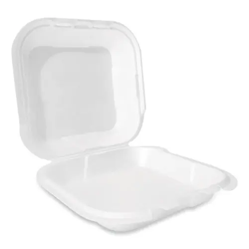 Plastifar Foam Hinged Lid Container, Secure Two Tab Latch, 9 x 9 x 3, White, 100/Bag, 2 Bags/Carton