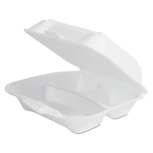 Plastifar Foam Hinged Lid Container, Secure One-Tab Latch, 3 Compartments, White, 7.81 x 8.75 x 3.38, 200 Count