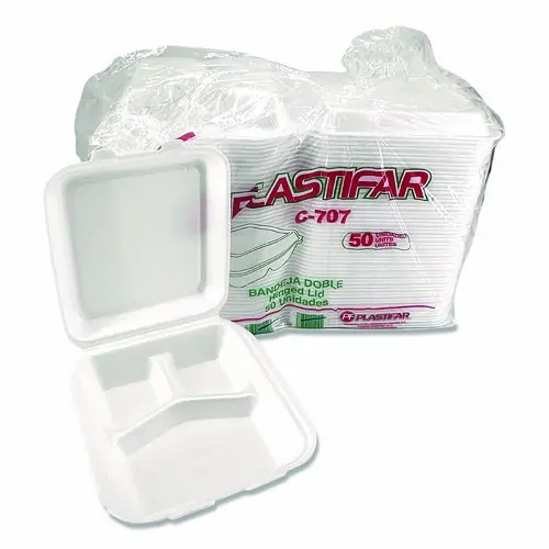 Plastifar Foam Hinged Lid Containers, 3-Compartment, White, Foam, 200/Carton