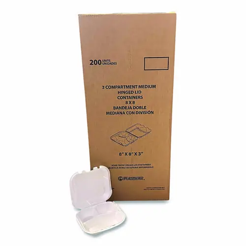 Plastifar Foam Hinged Lid Containers, 3-Compartment, White, Foam, 200/Carton