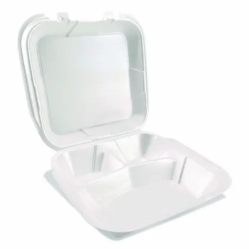 Plastifar Foam Hinged Lid Containers, 3-Compartment, White, Foam, 9" x 10" x 3", 200/Carton