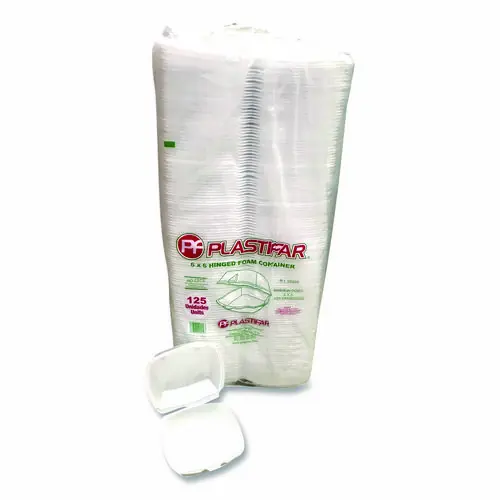 Plastifar Foam Hinged Lid Containers, 6 x 6 x 3, White, Foam, 500/Carton