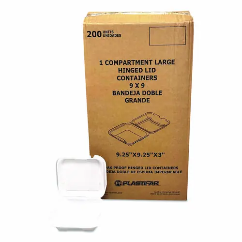 Plastifar Foam Hinged Lid Containers, 9 x 10 x 3, White, Foam, 200/Carton