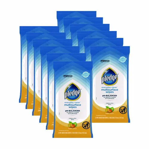 Pledge® Multi-Surface Cleaner Wet Wipes, Fresh Citrus, White, 25 Wipes/Pack, 12 Packs/Carton