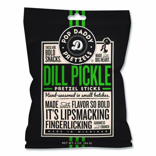 Pop Daddy Dill Pickle Pretzel Sticks, 3 oz Bag, 15/Carton