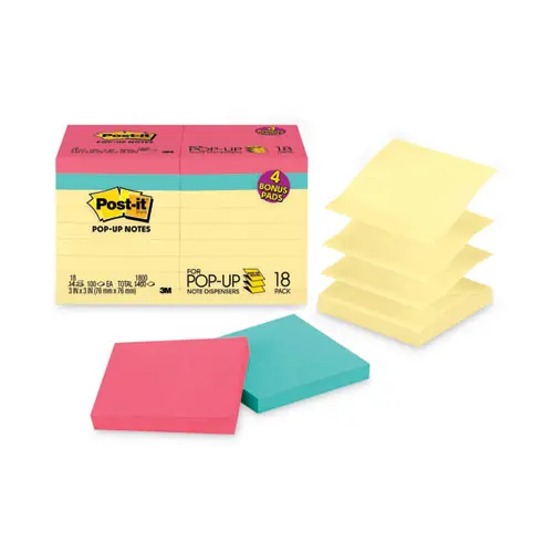 Post-it® Dispenser Notes Original Pop-up Notes Value Pack, 3" x 3", 18 Pads/Pack