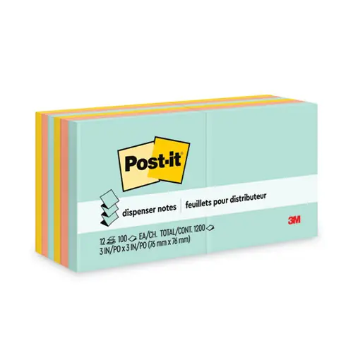 Post-it® Dispenser Notes Original Pop-up Refill Value Pack, 3" x 3", Beachside Cafe Collection Colors, 12 Pads/Pack