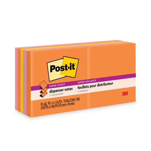 Post-it® Dispenser Notes Super Sticky Pop-up 3 x 3 Note Refill, Energy Boost Collection, 90 Sheets per Pad, 10 Pads per Pack