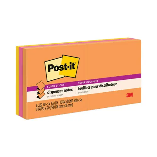 Post-it® Dispenser Notes Super Sticky Pop-up Refill, 3" x 3", Energy Boost Collection, 90 Sheets/Pad, 6 Pads/Pack