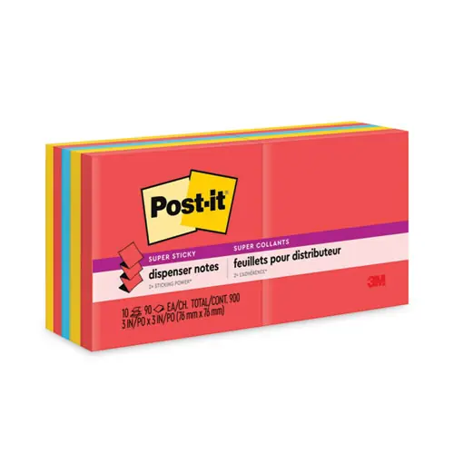 Post-it® Super Sticky Dispenser Notes, 3" x 3", Playful Primaries Collection, 90 Sheets/Pad, 10 Pads/Pack