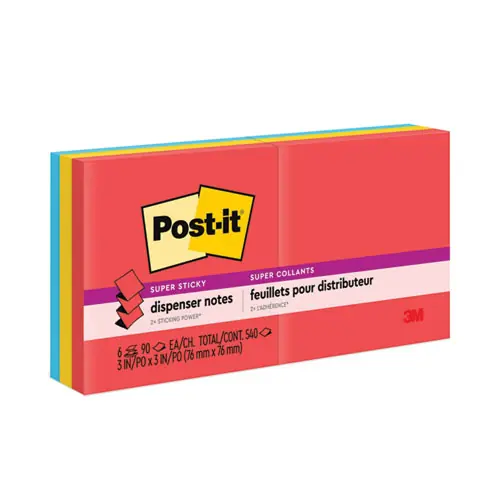 Post-it® Dispenser Notes Super Sticky Pop-up Refill, Playful Primaries Collection, 3" x 3", 6 Pads/Pack