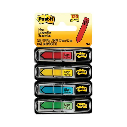 Post-it® Flags Arrow Message "Sign Here" Page Flags with Dispensers, Assorted Primary Colors, 0.5" x 1.75", 30 Flags per Dispenser, 4 Dispensers per Pack