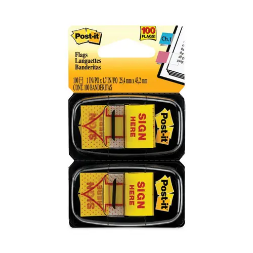 Post-it® Flags Arrow Message 1" Page Flags, "Sign Here", Yellow, 50 Flags/Dispenser, 2 Dispensers/Pack
