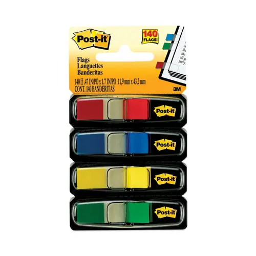 Post-it® Flags Small Page Flags in Dispensers, Assorted Primary Colors, 4 Dispensers, 35 Flags Per Color