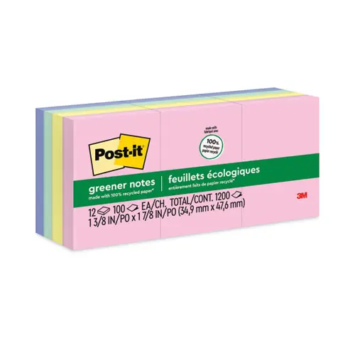 Post-it® Greener Notes Original Recycled Note Pads, Sweet Sprinkles Collection, 1.38" x 1.88", 100 Sheets per Pad, 12 Pads