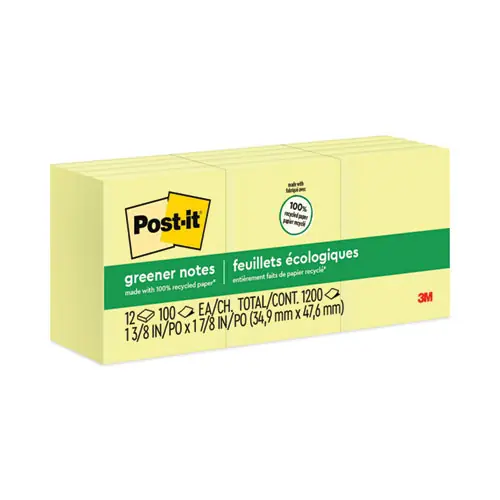 Post-it® Greener Notes Original Recycled Note Pads, Canary Yellow, 100 Sheets per Pad, 12 Pads per Pack