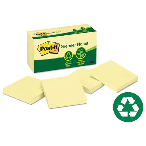 Post-it® Greener Notes Original Recycled Note Pads, 3" x 3", Canary Yellow, 100 Sheets per Pad, 12 Pads per Pack