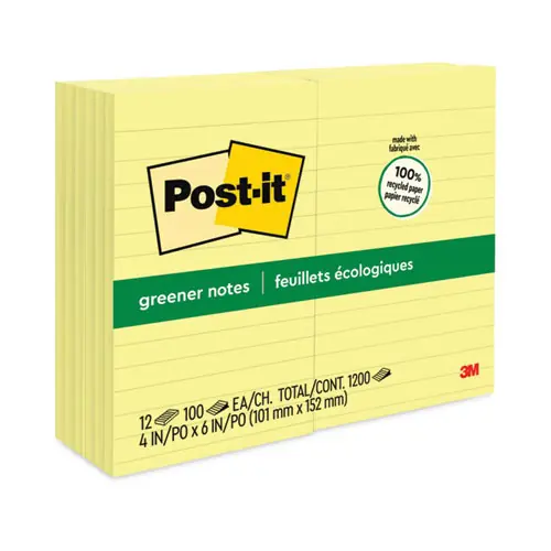 Post-it® Greener Notes Original Recycled Note Pads, Note Ruled, 4" x 6", Canary Yellow, 12-Pack
