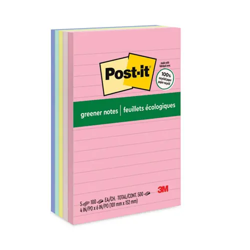 Post-it® Greener Notes Original Recycled Note Pads, 4" x 6", Ruled, Sweet Sprinkles Collection, 100 Sheets per Pad, 5-Pack