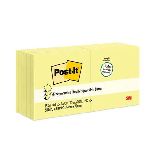 Post-it® Greener Notes Original Recycled Pop-up Notes, Canary Yellow, 100 Sheets per Pad, 12 Pads