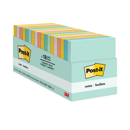 Post-it® Notes Original Pads, Beachside Cafe Collection, Cabinet Pack, 3" x 3", 100 Sheets per Pad, 18 Pads