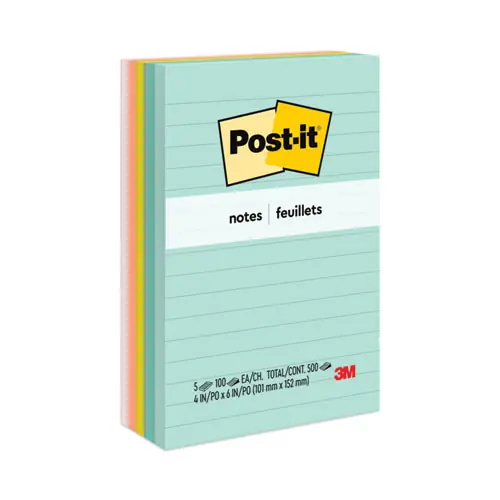 Post-it® Notes Original Pads, Beachside Cafe Collection, Note Ruled, 4" x 6", 5-Pack