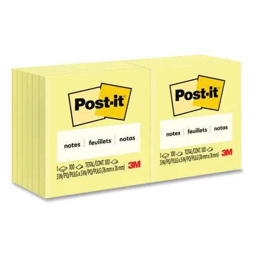 Post-it® Notes Original Pads, Canary Yellow, 3" x 3", 100 Sheets per Pad, 12-Pack