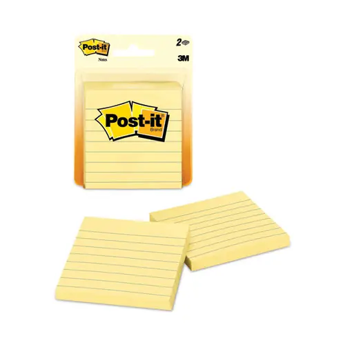 Post-it® Notes Original Pads, Canary Yellow, Note Ruled, 3" x 3", 100 Sheets per Pad, 2 Pads per Pack