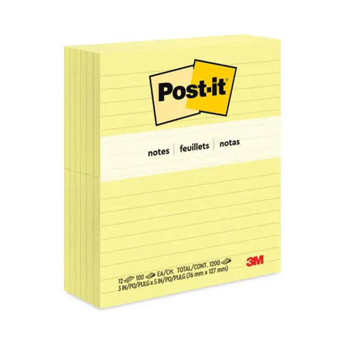 Post-it® Notes Original Pads, Canary Yellow, Note Ruled, 3" x 5", 100 Sheets per Pad, 12 Pads per Pack