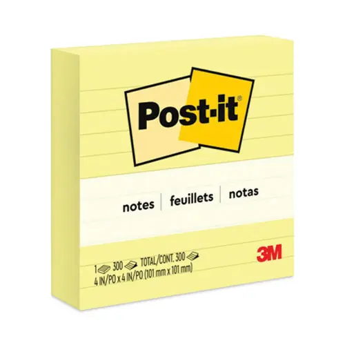 Post-it® Notes Original Pads, Note Ruled, Canary Yellow, 4" x 4", 300 Sheets/Pad