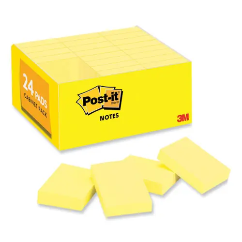 Post-it® Notes Original Pads, Canary Yellow, 1.38" x 1.88", 100 Sheets per Pad, 24 Pads Value Pack
