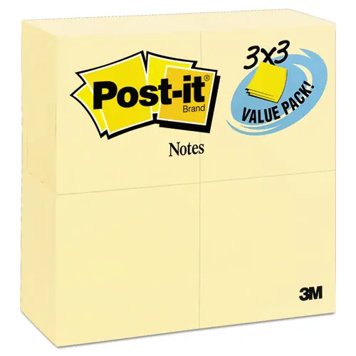 Post-it® Notes Original Pads, Canary Yellow, 3" x 3", 100 Sheets/Pad, 24 Pads/Pack