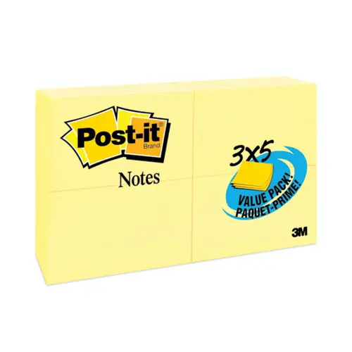 Post-it® Notes Original Pads in Canary Yellow, 3" x 5", 100 Sheets per Pad, 24 Pads Value Pack