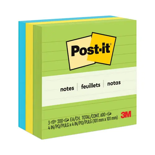 Post-it® Notes Original Pads, Floral Fantasy Collection, Note Ruled, 4" x 4", 200 Sheets/Pad, 3 Pads/Pack