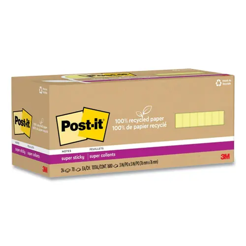 Post-it® Notes Super Sticky 100% Recycled Paper, 3" x 3", Canary Yellow, 70 Sheets/Pad, 24 Pads/Pack