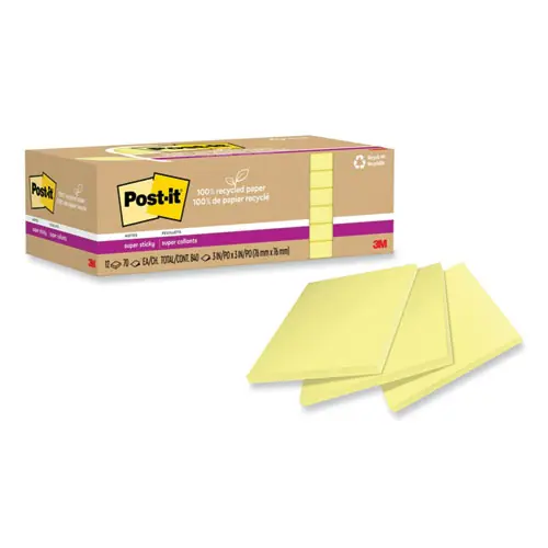Post-it® Notes Super Sticky 100% Recycled Paper Super Sticky Notes, 3" x 3", Canary Yellow, 70 Sheets/Pad, 12 Pads/Pack