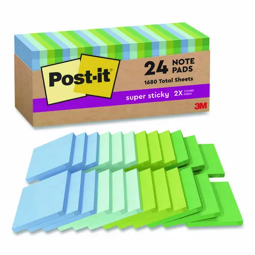 Post-it® Notes Super Sticky 100% Recycled Paper, 3" x 3", Oasis Colors, 24 Pads