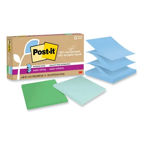 Post-it® Notes Super Sticky 100% Recycled Paper Super Sticky Notes, 3" x 3", Oasis, 6 Pads/Pack