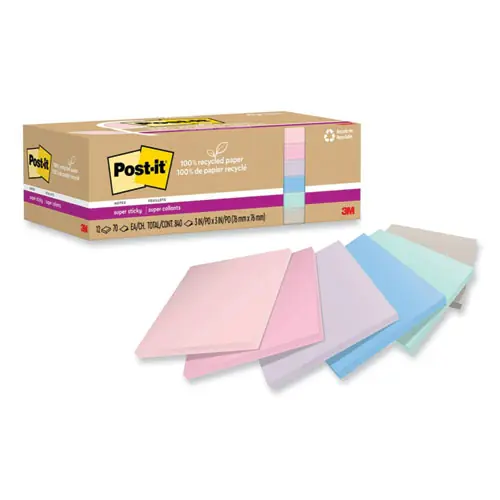 Post-it® Notes Super Sticky 100% Recycled Paper, Wanderlust Pastels, 3" x 3", 70 Sheets/Pad, 12 Pads/Pack