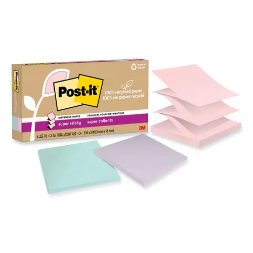 Post-it® Notes Super Sticky 100% Recycled Paper, Wanderlust Pastels, 3" x 3", 70 Sheets, 6 Pads
