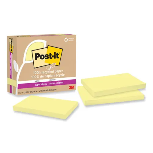 Post-it® Notes Super Sticky 100% Recycled Paper, 3" x 5", Canary Yellow, 70 Sheets per Pad, 12 Pads