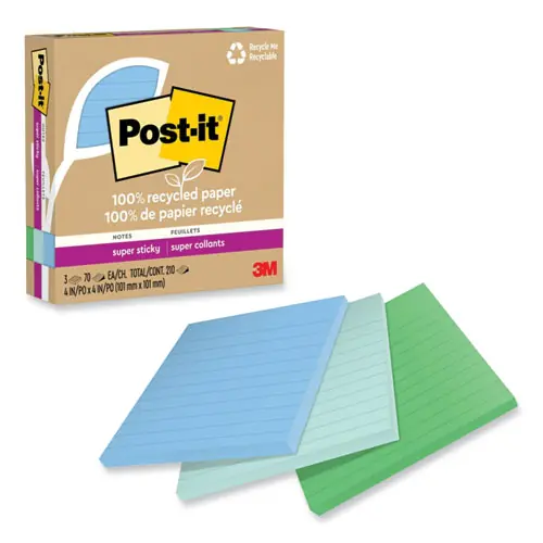 Post-it® Notes Super Sticky 100% Recycled Paper, Ruled, 4" x 4", Oasis, 3 Pads/Pack