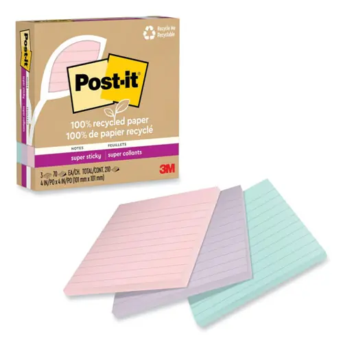 Post-it® Notes Super Sticky 100% Recycled Paper, Ruled, Wanderlust Pastels, 4" x 4", 70 Sheets/Pad, 3 Pads/Pack
