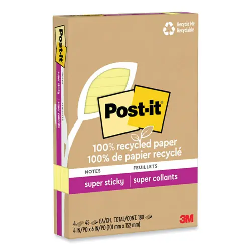 Post-it® Notes Super Sticky 100% Recycled Paper, Ruled, 4" x 6", Canary Yellow, 4 Pads/Pack
