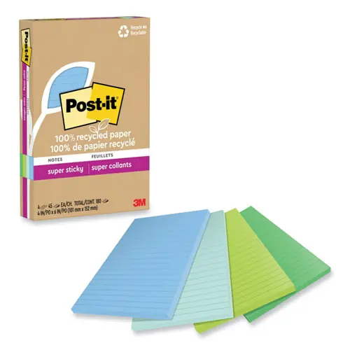 Post-it® Notes Super Sticky 100% Recycled Paper, Ruled, 4" x 6", Oasis, 4 Pads/Pack