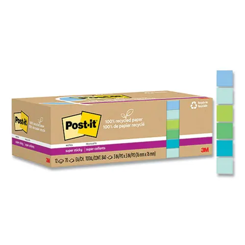 Post-it® Notes Super Sticky 100% Recycled Paper, 3" x 3", Assorted Oasis Colors, 70 Sheets/Pad, 12 Pads/Pack