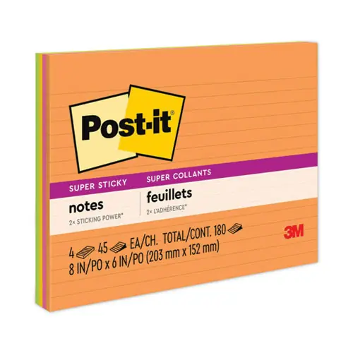 Post-it® Notes Super Sticky Meeting Notes, Energy Boost Collection, Ruled, 8" x 6", 4 Pads/Pack