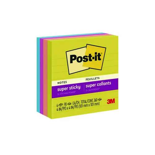 Post-it® Notes Super Sticky Note Pads, Summer Joy Collection, 4" x 4", Note Ruled, 4 Pads/Pack
