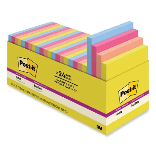 Post-it® Notes Super Sticky Note Pads, Summer Joy Collection, 3" x 3", 70 Sheets/Pad, 24 Pads/Pack